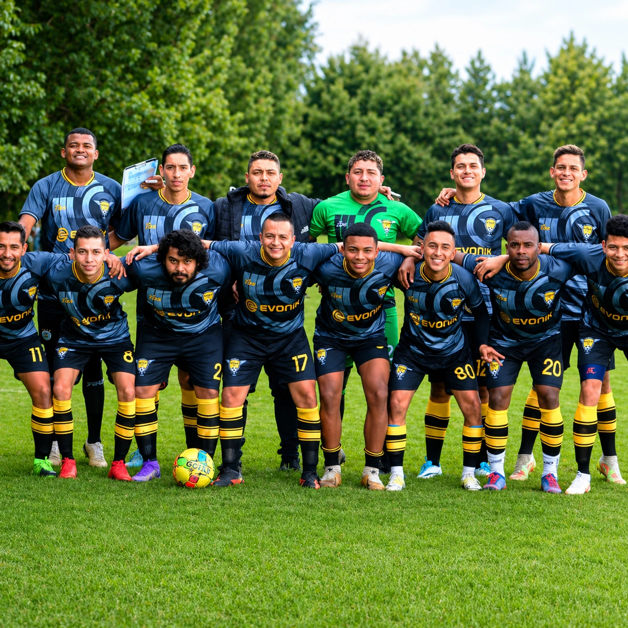 Equipo de fútbol vestido con uniformes personalizados fabricados por Life Deportes en Colombia