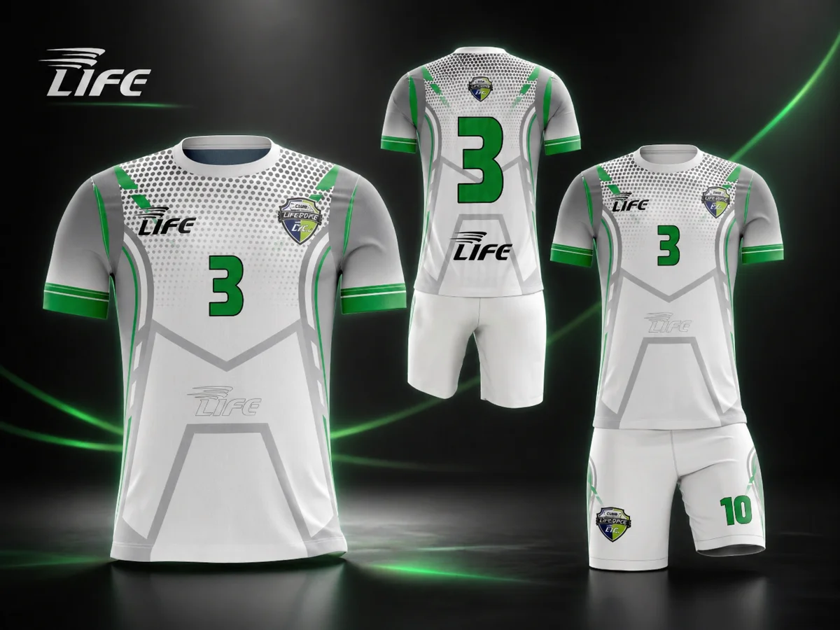 Uniforme de fútbol personalizado en verde y blanco fabricado por Life Deportes