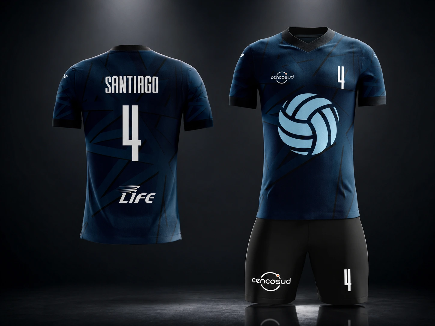 Uniforme de voleibol personalizado azul marino con nombre número y escudo sublimados fabricado por Life Deportes