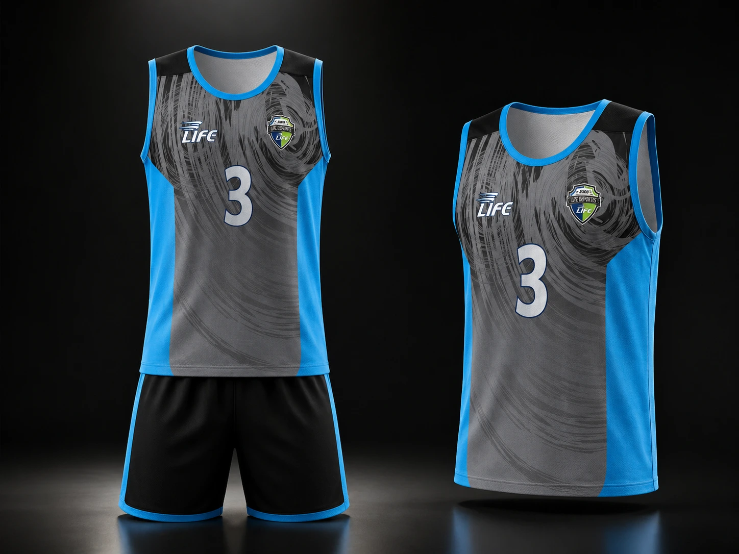 Uniforme de voleibol personalizado gris y cyan con sublimación completa fabricado por Life Deportes
